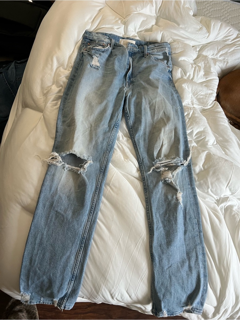 MOTHER Light Blue Straight Leg Distressed Jeans